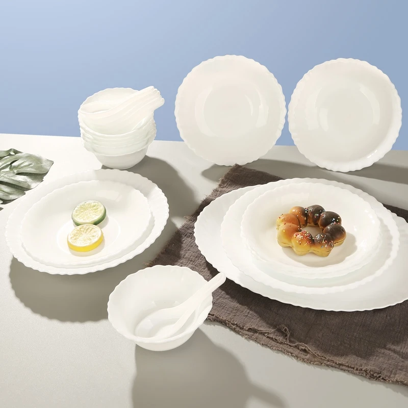 明尚德抗摔玻璃餐具21件套家用餐具盘陶瓷盘子米饭碗创意简约日式