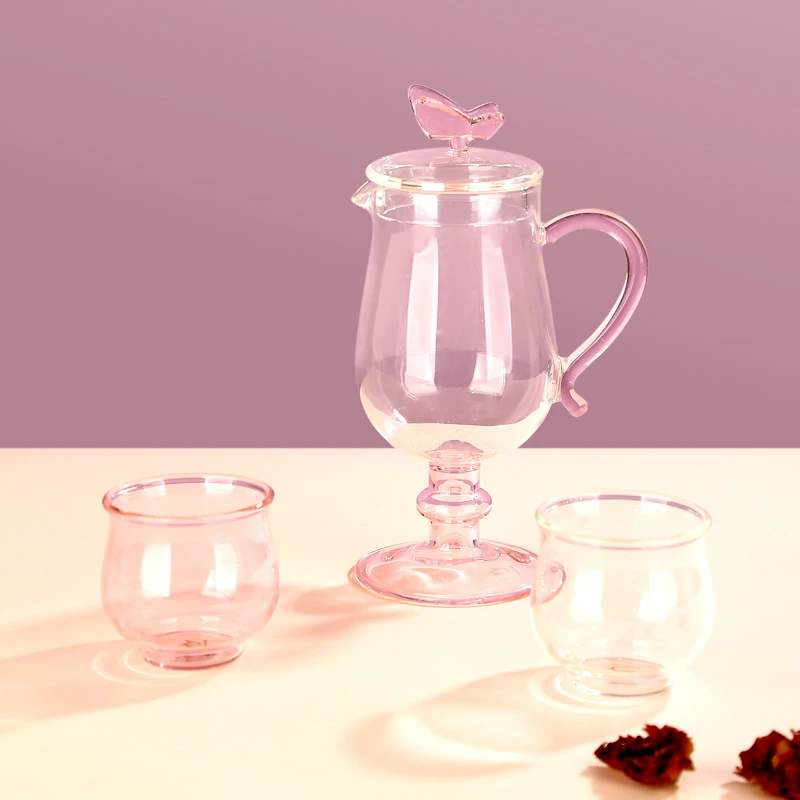 明尚德耐热玻璃蝶恋双栖套装杯网红情侣粉色带盖透明珐琅彩炫彩