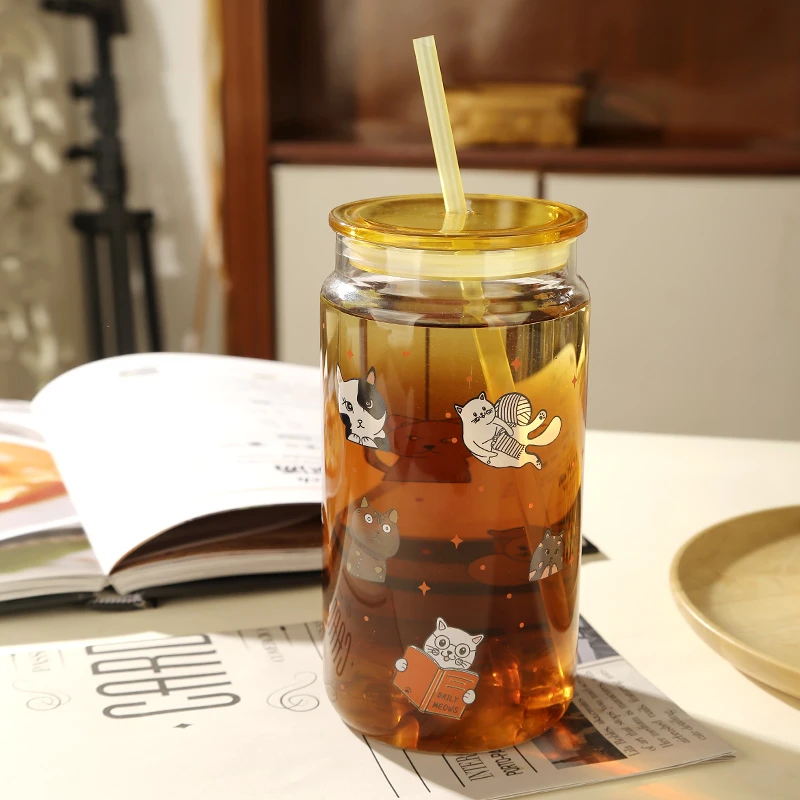 明尚德便携喵喵吸管杯高硼硅玻璃大容量大号茶杯耐冷密封喝水杯