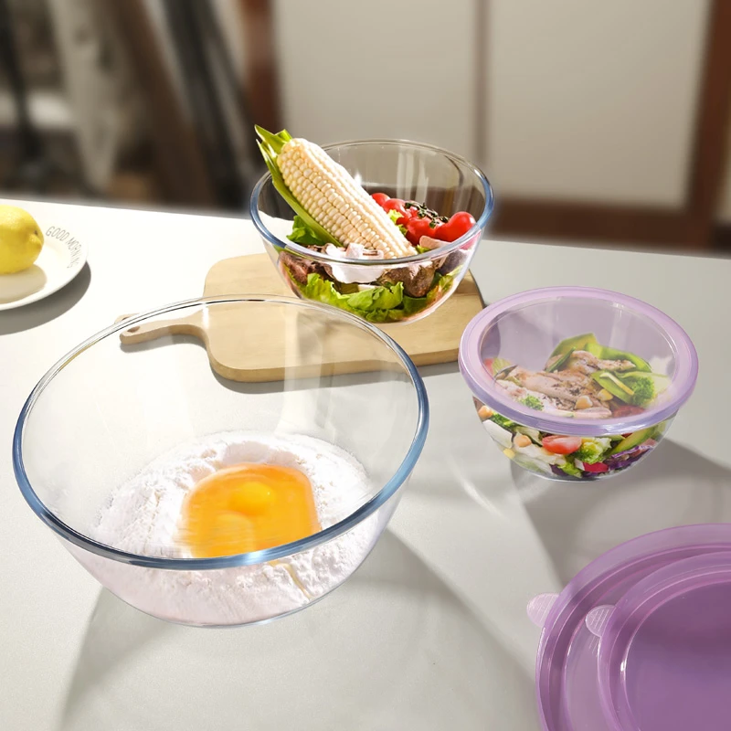 明尚德耐热玻璃海誓面盆+沙拉碗三件套透明玻璃碗大容量家用加厚