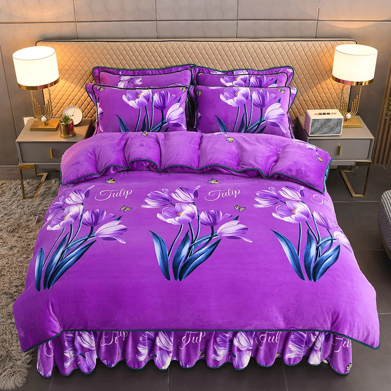 秋冬加厚保暖加绒牛奶绒四件套双面绒双人被套床裙家纺床上用品