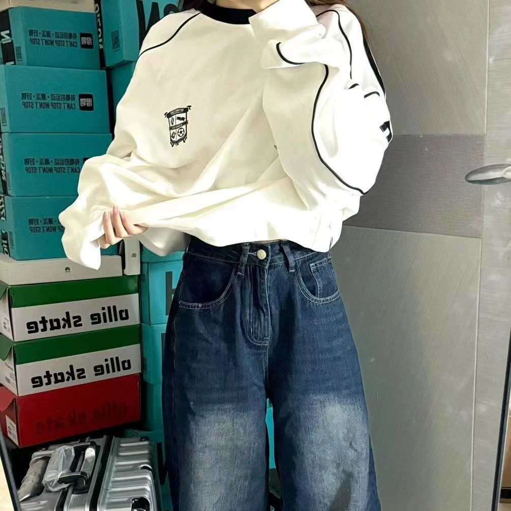 2024春季撞色美式学院刺绣字母圆领卫衣宽松炸街盐系长袖简约上衣