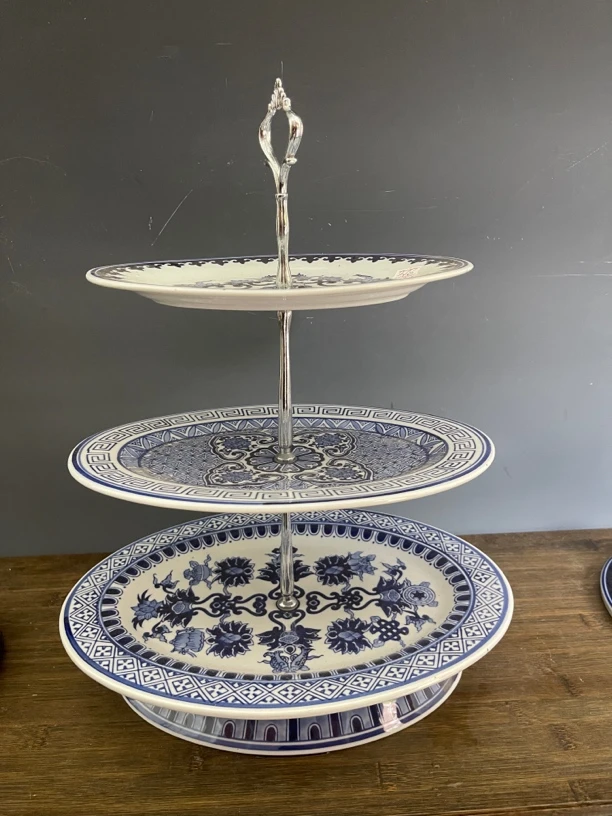 青花陶瓷果盘三层点心盘陶瓷摆件