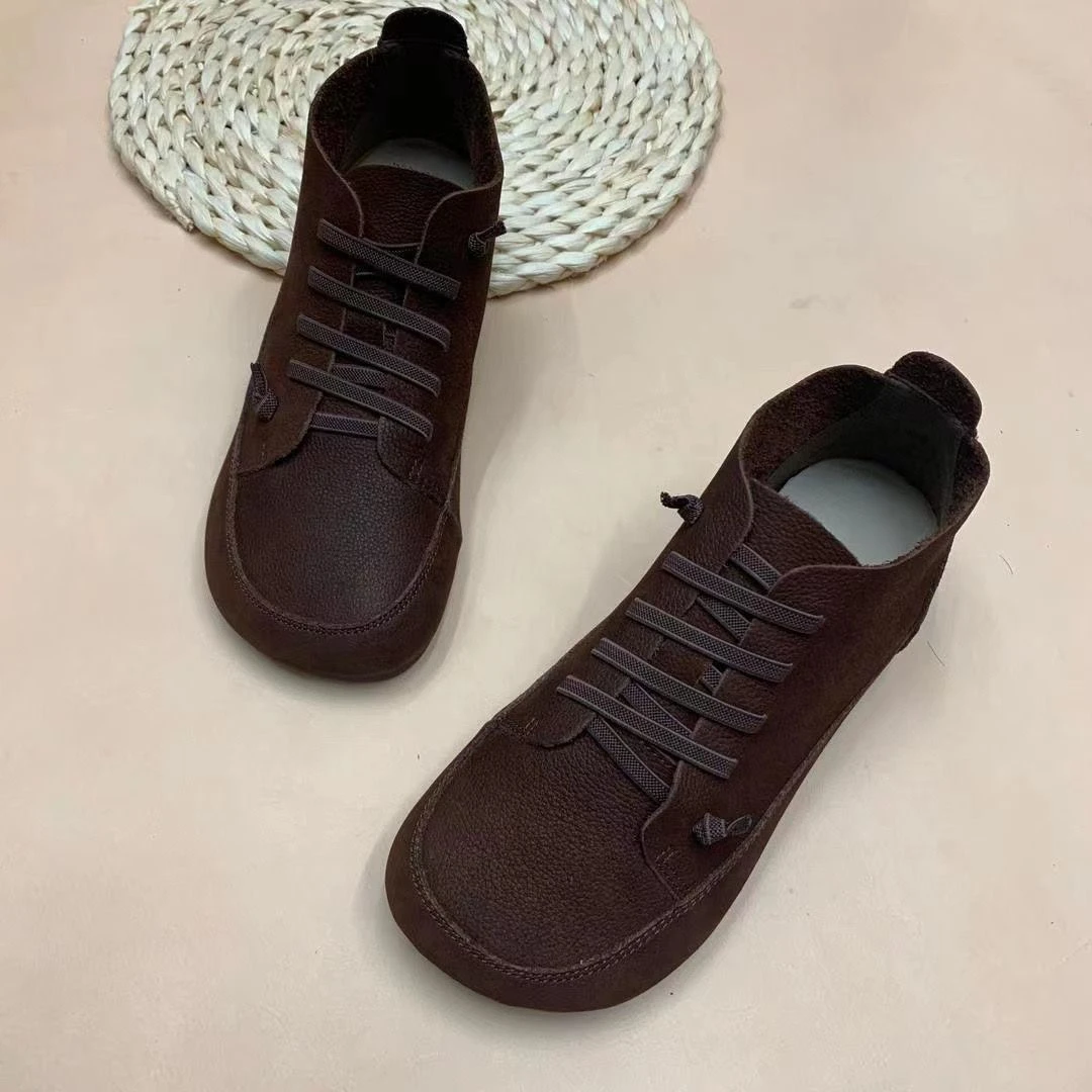 磨砂哑光皮深口脚踝短靴女复古宽头百搭舒适休闲牛筋底妈妈鞋单鞋