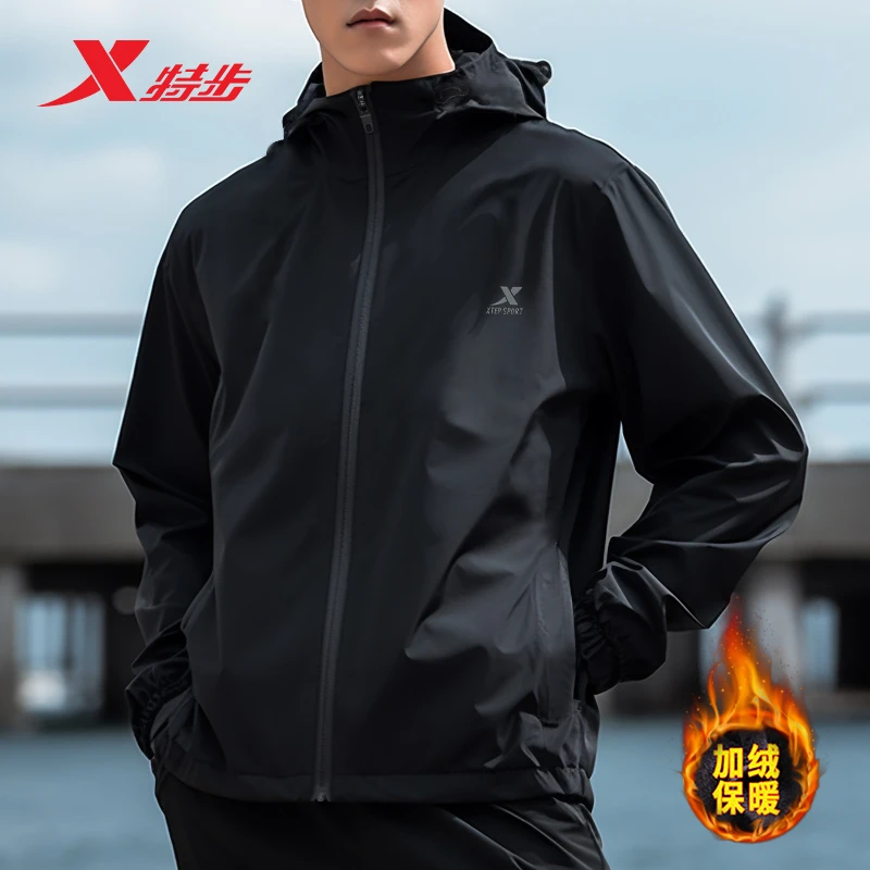 特步外套男冬季加绒保暖2025新款三防功能面料风衣连帽运动服上衣