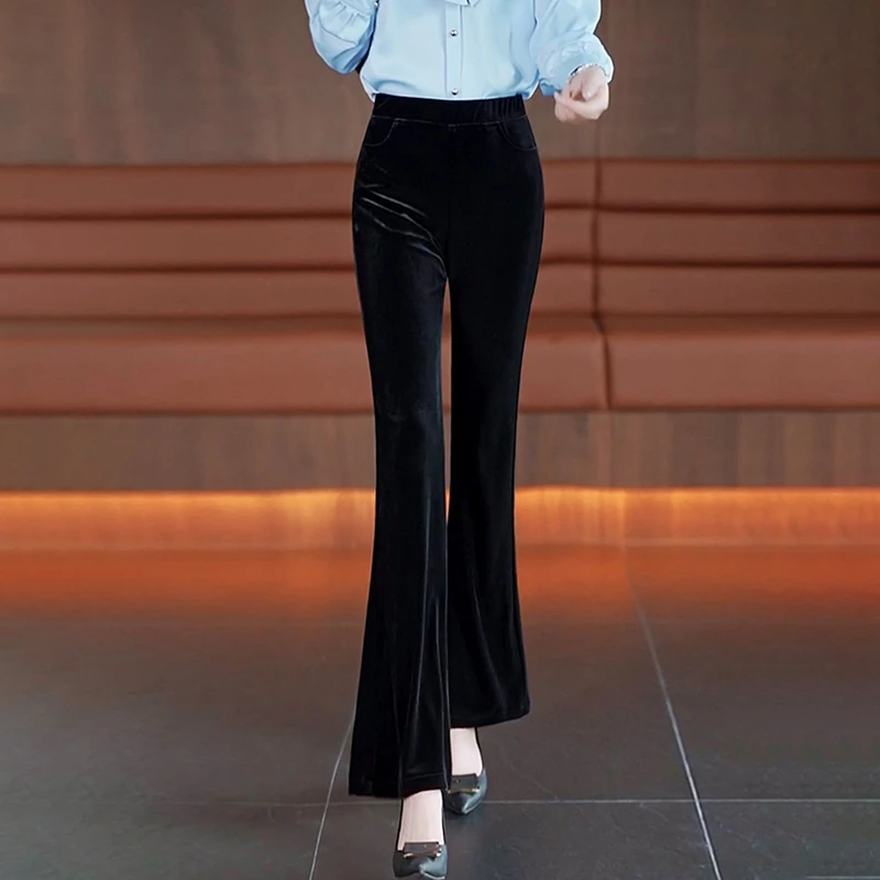 金丝绒喇叭裤女秋冬新款高腰显瘦大码加绒弹力修身时尚微喇叭裤女