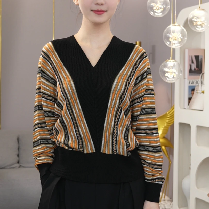 拼接撞色设计针织衫女秋冬新款宽松修身显瘦v领小众时尚休闲上衣