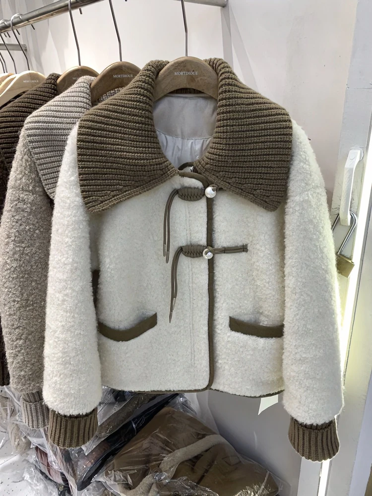 针织翻领羊羔毛棉服女短款2023冬季新款小个子保暖加厚夹棉外套潮