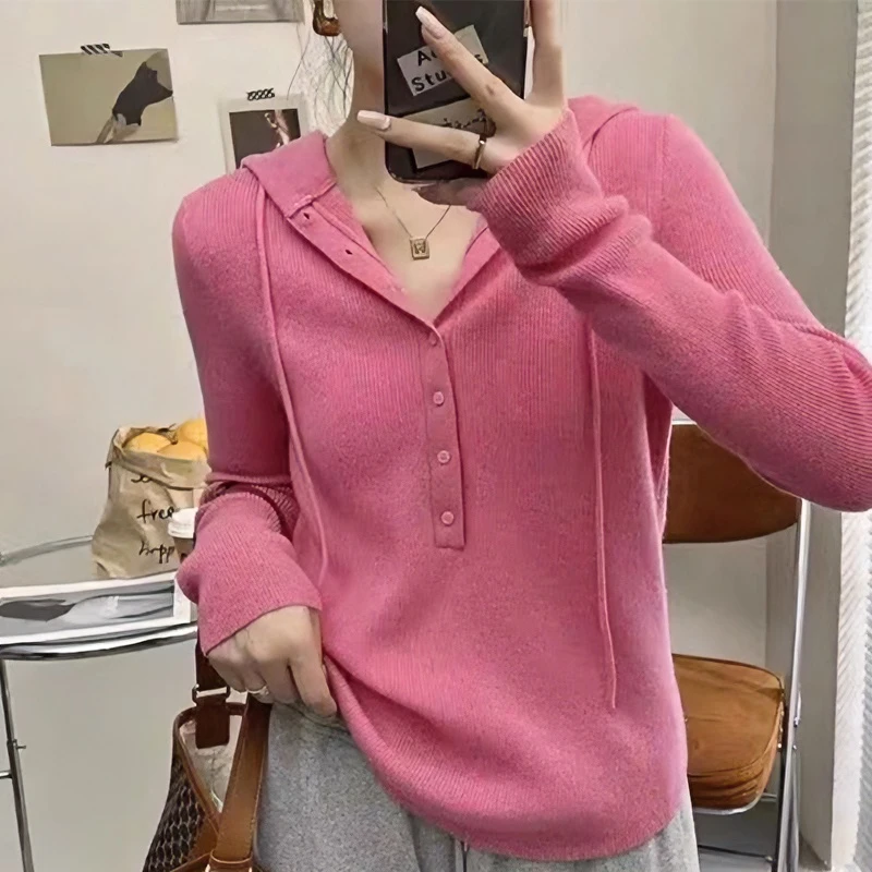 休闲遮肉连帽针织毛衣女2023年秋季新款宽松坑条帽衫开衫上衣女