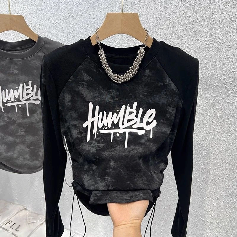 设计感拼色拼接长袖短上衣女秋季洋气辣妹抽绳打底衫复古上衣潮