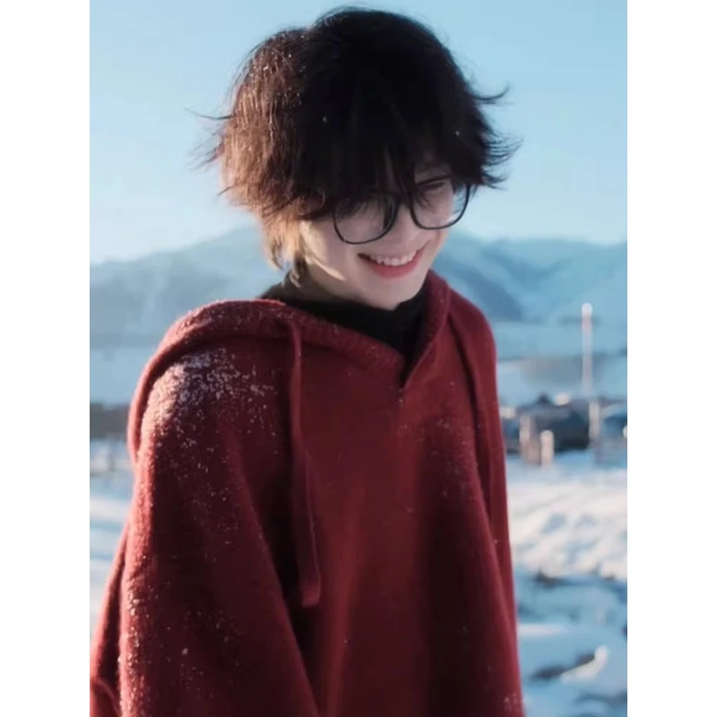 cleanfit红色圣诞毛衣男款冬季高级感连帽卫衣松弛慵懒风针织外套