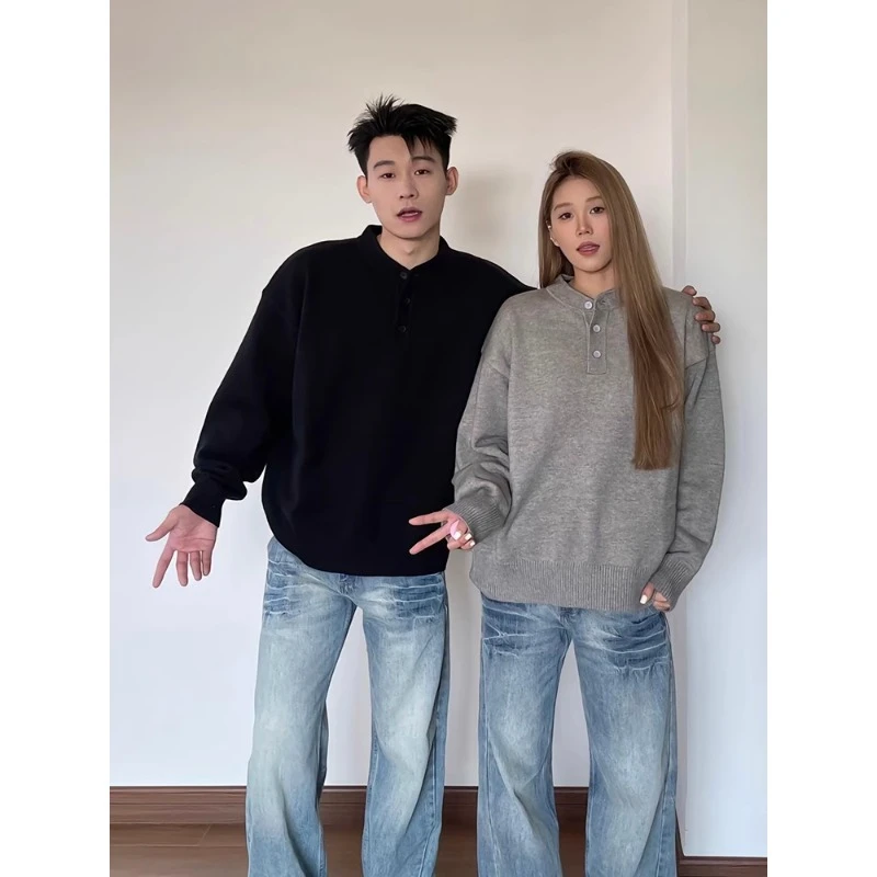 美式复古亨利领毛衣男款冬季加厚内搭高级感慵懒风情侣针织打底衫