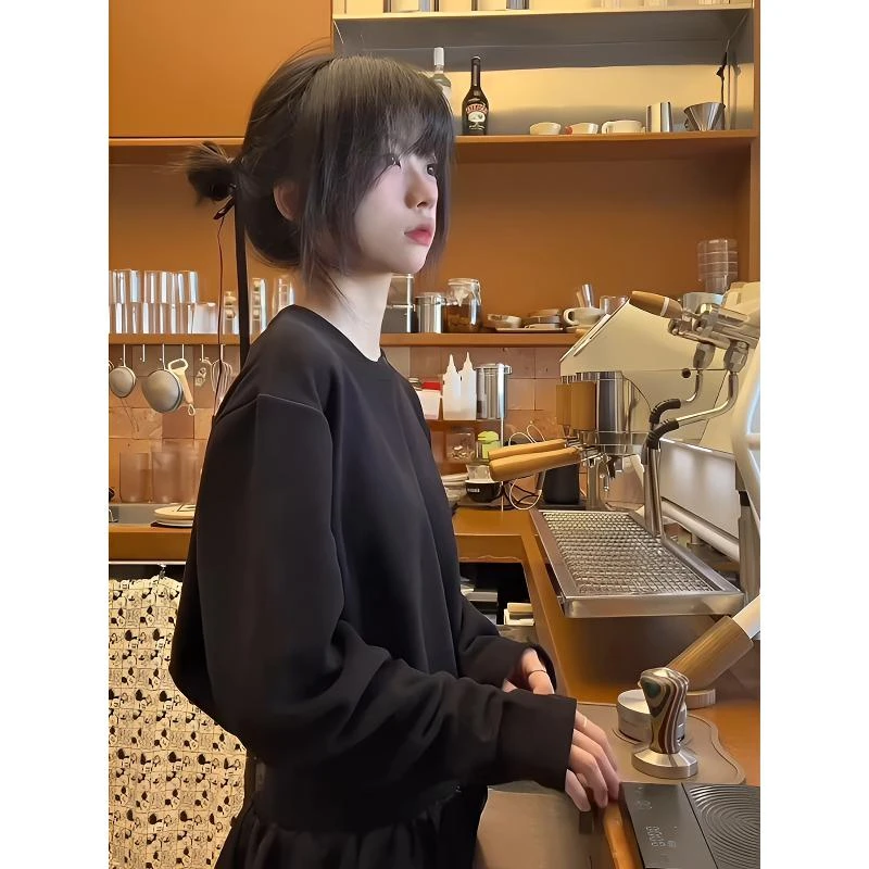 黑色全棉长袖t恤男生秋冬款重磅圆领内搭打底衫美式cleanfit外衣