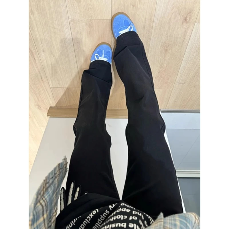 黑色美式潮流微喇牛仔裤男款秋冬加绒裤子高腰高弹力修身直筒长裤