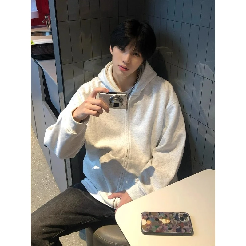 美式cleanfit灰色双拉链连帽卫衣男潮牌oversize休闲情侣开衫外套