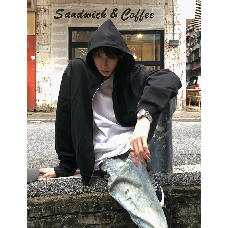 黑色开衫卫衣男春秋款cleanfit潮牌痞帅炸街外套美式复古拉链帽衫