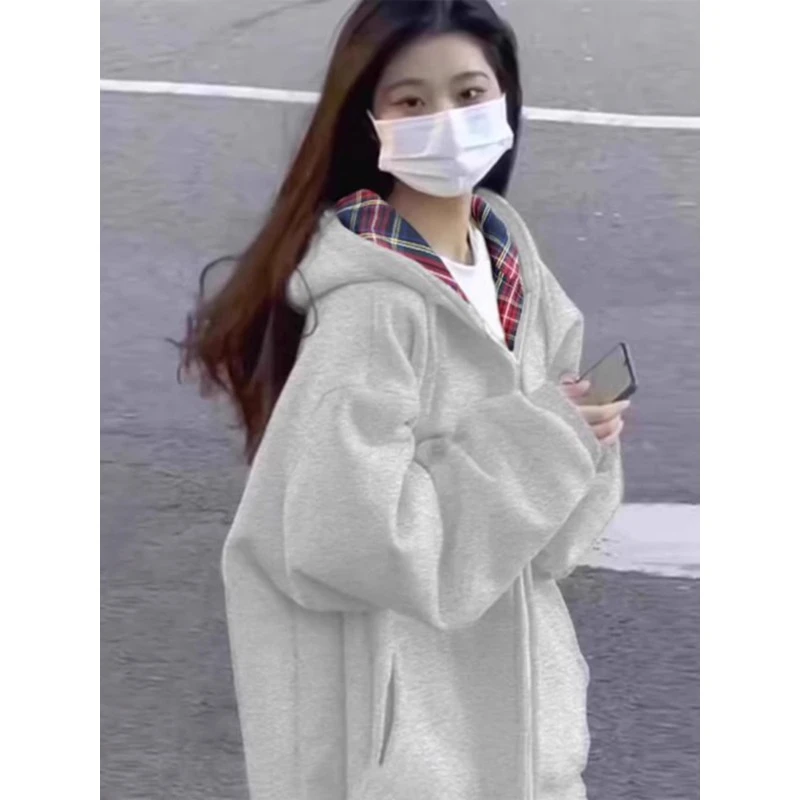 花灰色刺绣开衫卫衣男美式复古假两件拼接格子外套户外重磅连帽衫
