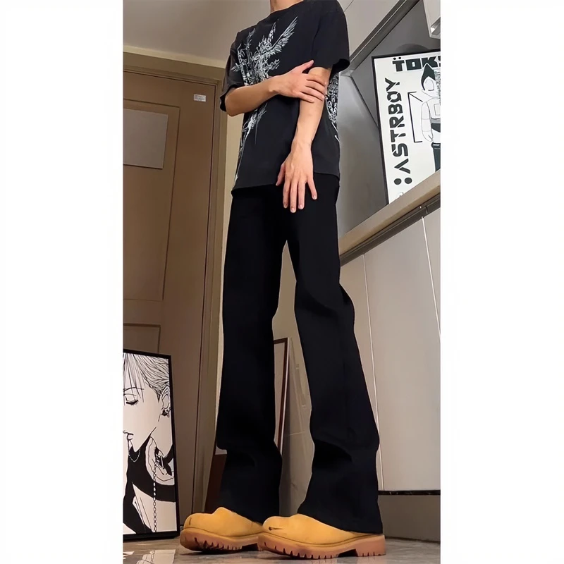 美式高街vibe黑色牛仔裤男款潮流穿搭裤子cleanfit显瘦直筒微喇裤