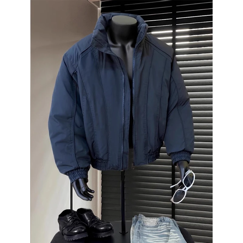 藏青色夹克棉服外套男秋冬美式cleanfit廓形解构工装立领短款棉衣