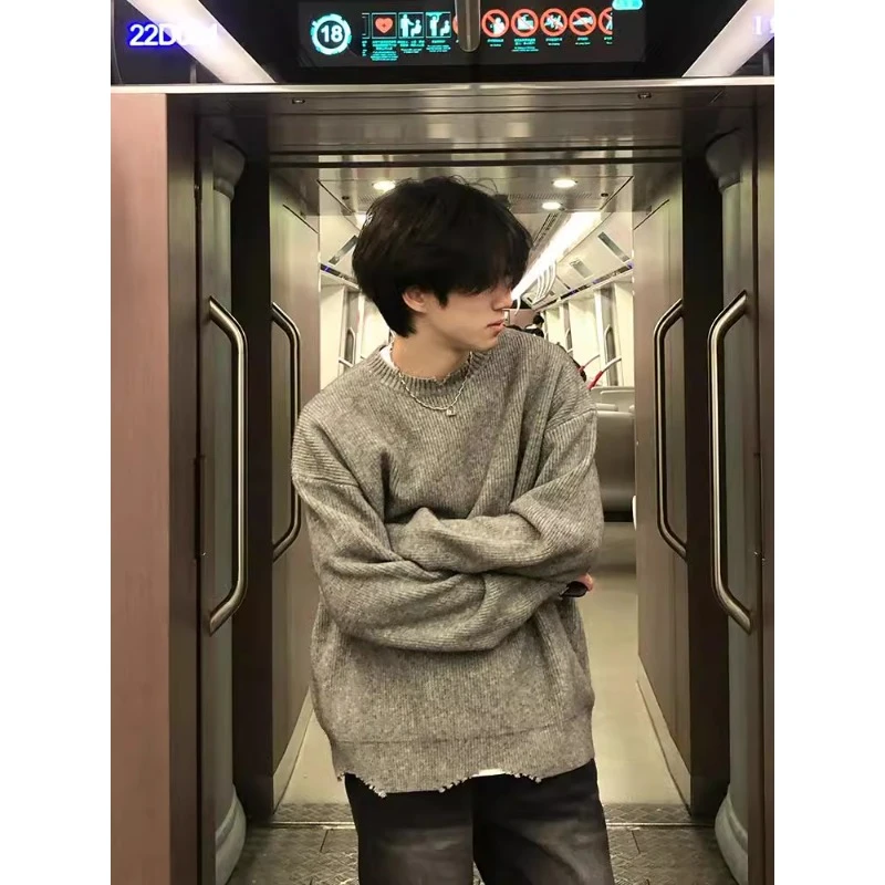 灰色破坏风圆领毛衣男款秋冬痞帅慵懒风内搭打底衫cleanfit针织衫