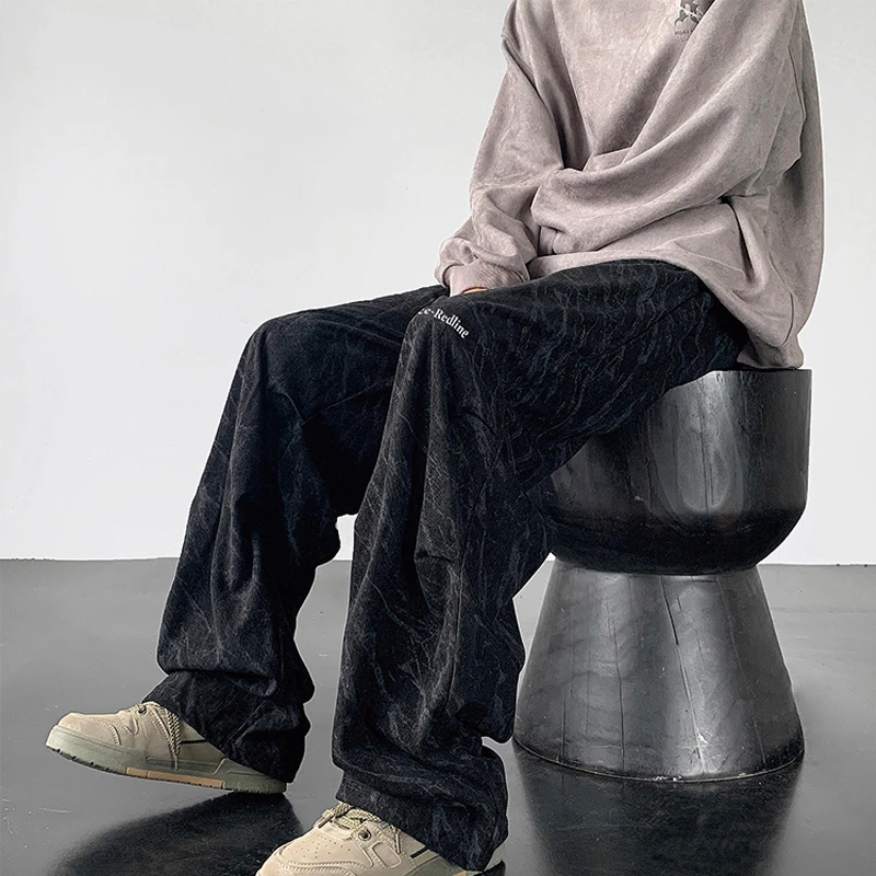 黑色扎染休闲裤男春秋季美式复古灯芯绒裤子宽松bf慵懒风直筒长裤