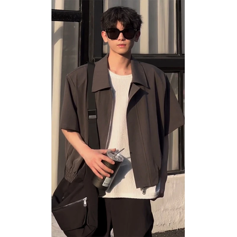 cleanfit灰色短袖衬衫男款夏季轻熟风穿搭短款痞帅高级感衬衣外套
