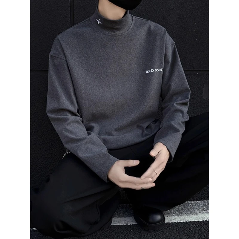 德绒半高领打底衫男秋冬美式重磅刺绣卫衣内搭痞帅高级感长袖t恤