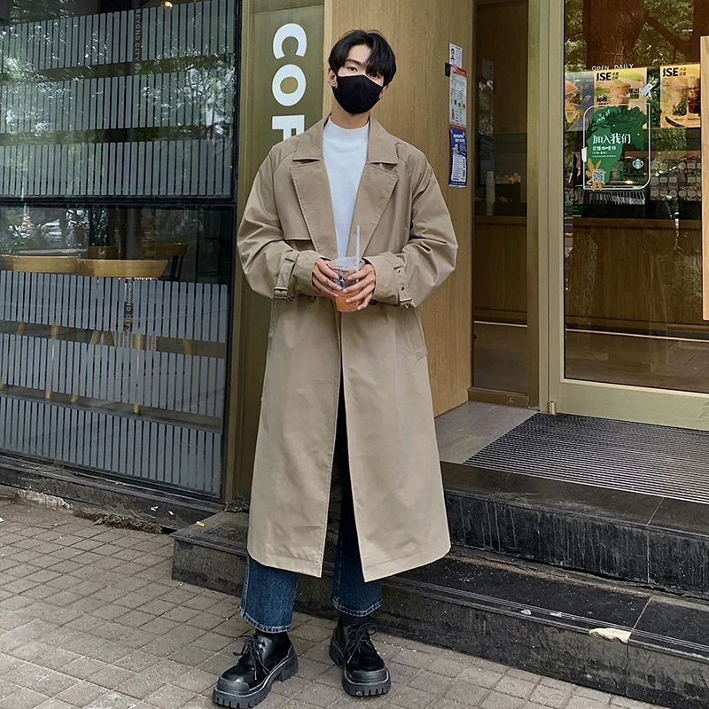 卡其色系带中长款风衣外套男春秋潮牌穿搭高级感英伦雅痞过膝大衣