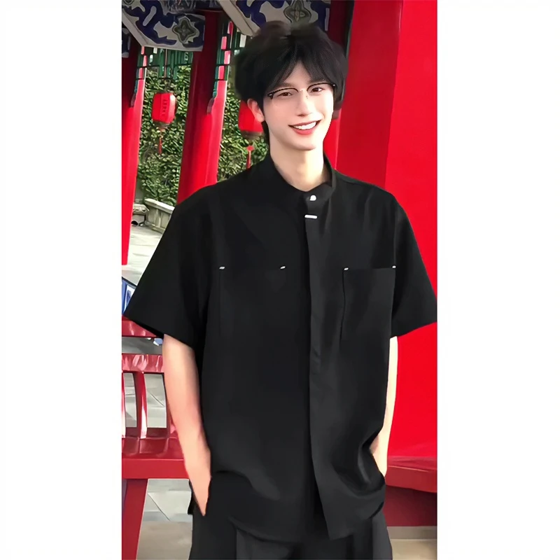 新中式国风立领短袖衬衫男夏季黑色痞帅高级垂感情侣休闲国潮衬衣