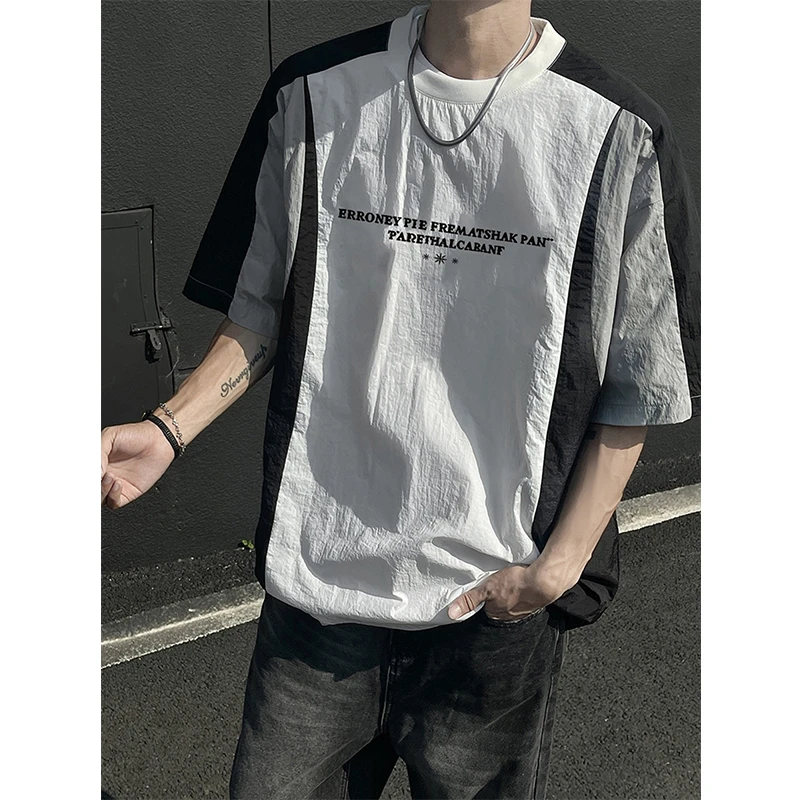 速干撞色短袖套头防晒衣男夏季美式机能风潮牌休闲宽松半截袖T恤