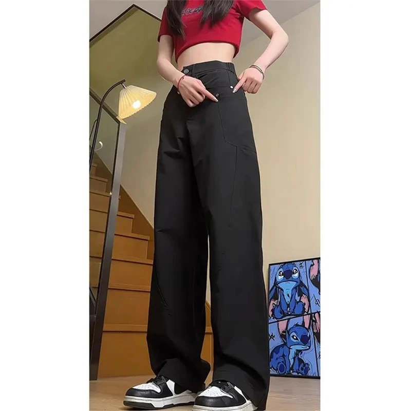 黑色小个子速干工装裤男夏季直筒解构裤子美式高街弯刀微喇阔腿裤