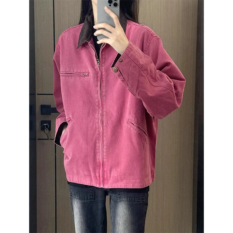 粉红色美式复古短款外套男春秋工装cleanfit夹克高街棒球服上衣服