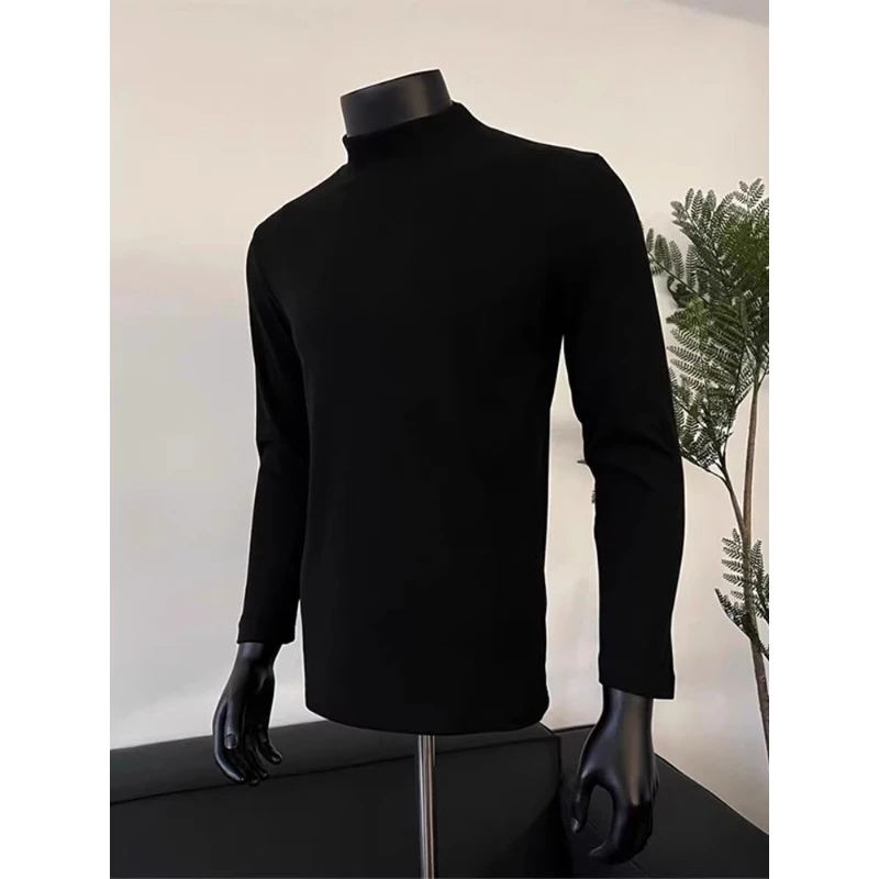 黑色德绒半高领打底衫男款秋冬修身内搭cleanfit美式重磅长袖t恤