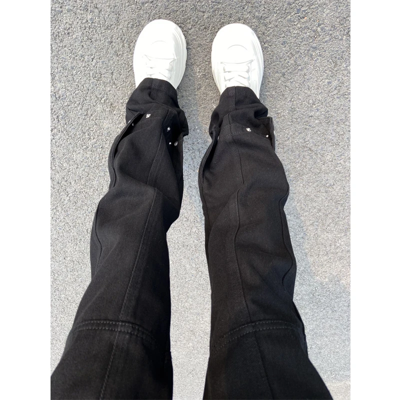 黑色弹力牛仔裤直筒小众设计感ootd裤子男款痞帅显腿长修身微喇裤