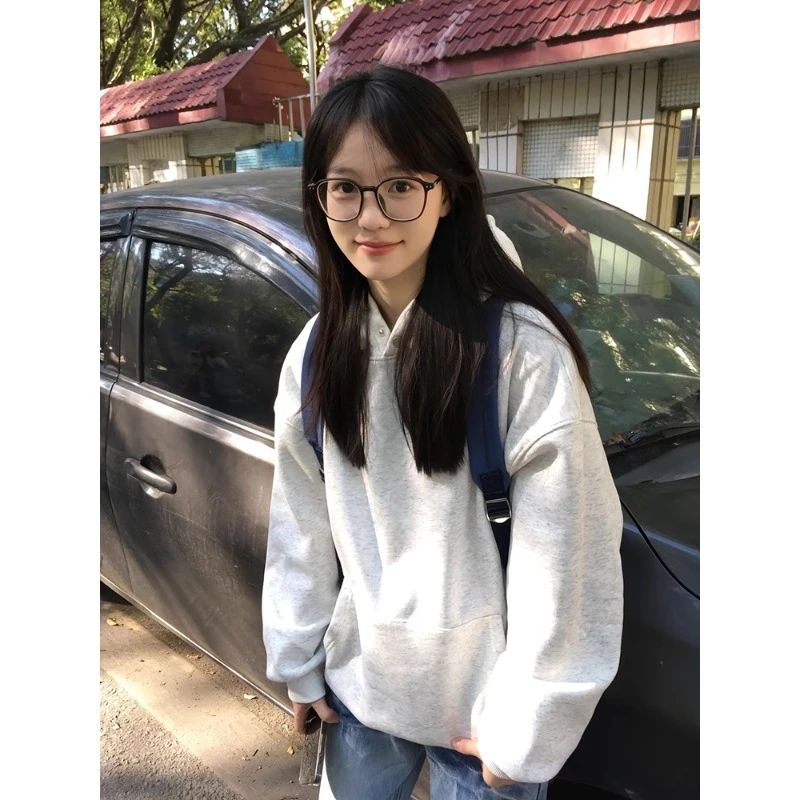 花灰色排扣卫衣男款冬季加绒加厚cleanfit外套美式复古重磅连帽衫