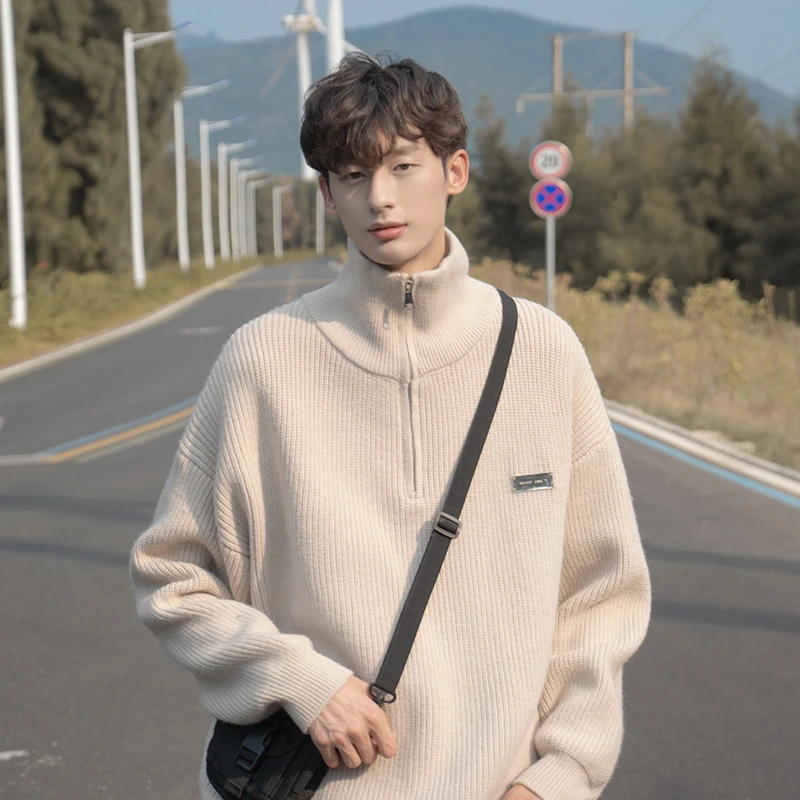 POLO领半拉链毛衣男秋季重磅慵懒风高领毛衣日系复古休闲百搭线衣