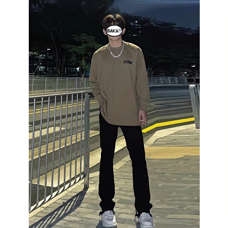 痞帅弹力弯刀微喇牛仔裤男修身vibe裤子美式高街cleanfit直筒长裤