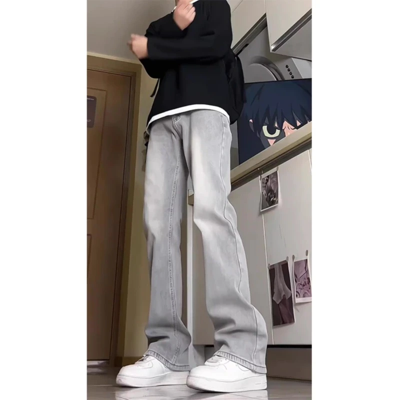 烟灰色微喇牛仔裤男生秋冬季加绒美式高街vibe裤子弹力显瘦修身裤