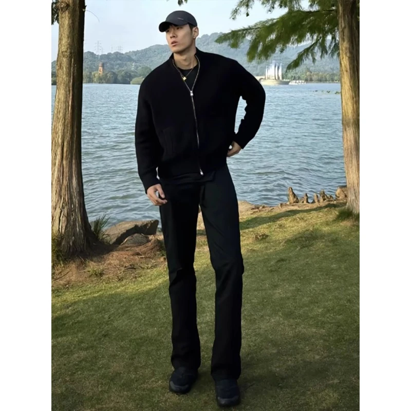 黑色开衫毛衣男款秋冬潮牌立领针织衫美式cleanfit宽松慵懒风外套