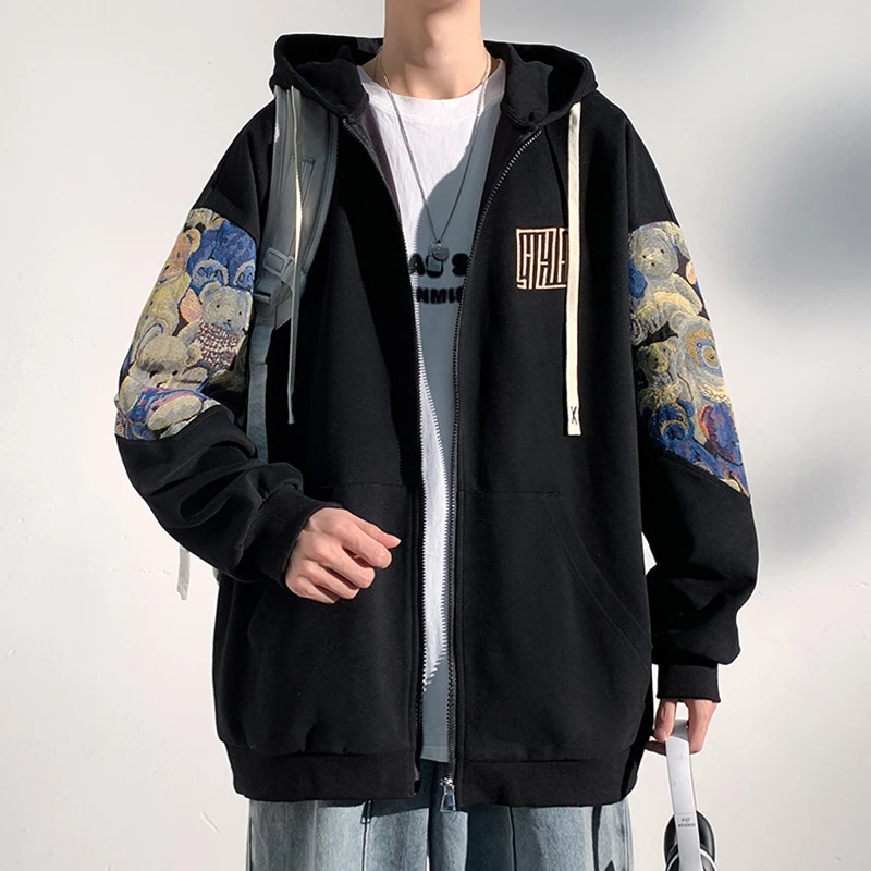 国风小熊刺绣开衫卫衣男秋季潮牌宽松大码上衣青少年重磅连帽外套