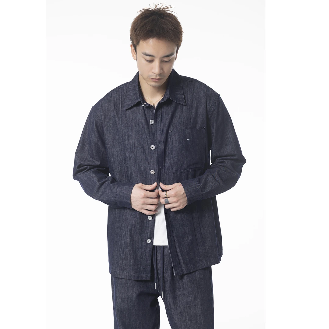 ZHUZIWEN 2024秋复古牛仔衬衫长袖纯色简约宽松套装