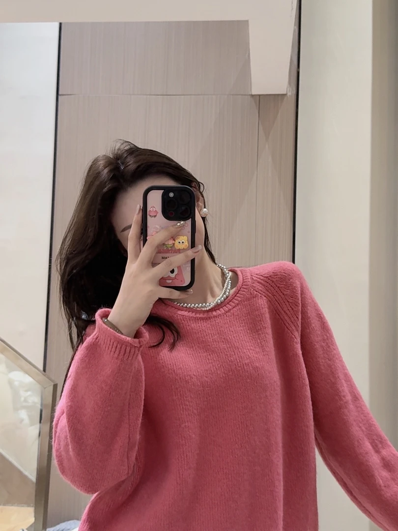 奶系软糯套头粗针玫红色毛衣圆领慵懒打底春秋新款针织宽松上衣女