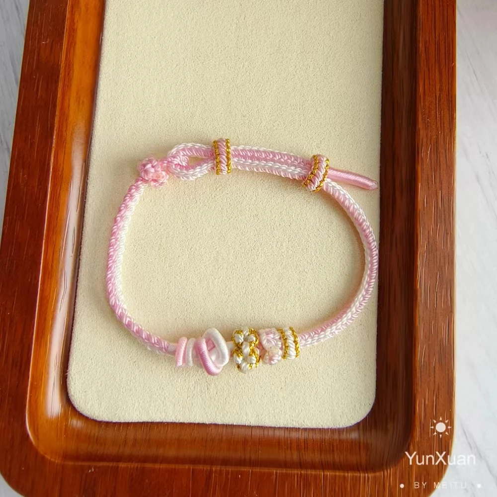 非金属布艺手链 手工编织双联结手绳可穿珠硬金桃花结手链礼物