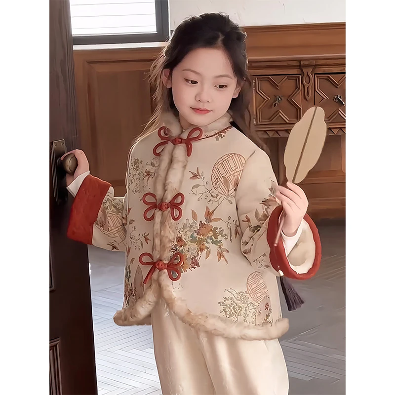女童6-12岁唐装冬2024新款儿童新中式外套国风加绒拜年服棉袄潮款