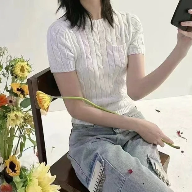 chengshiyisu马仔刺绣麻花针织女装时尚百搭夏款圆领短袖有口袋