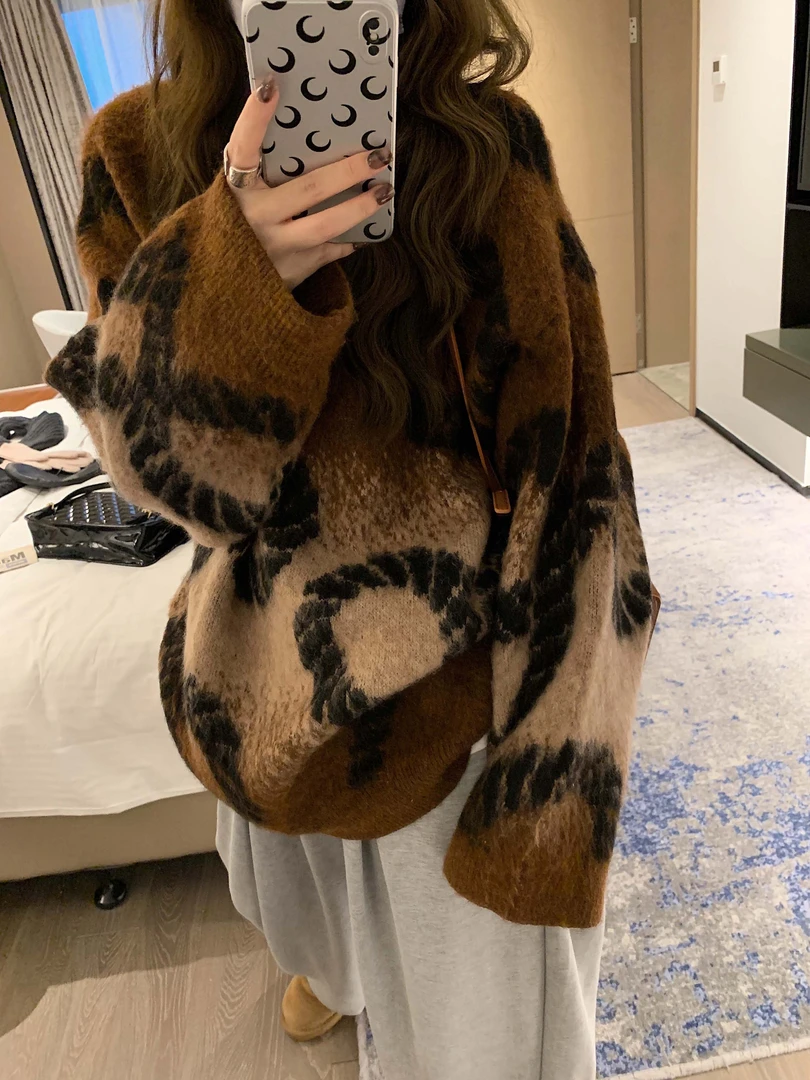 2025秋冬新款慵懒外穿毛衣提花宽松针织衫奶中长款奶牛纹慵懒风