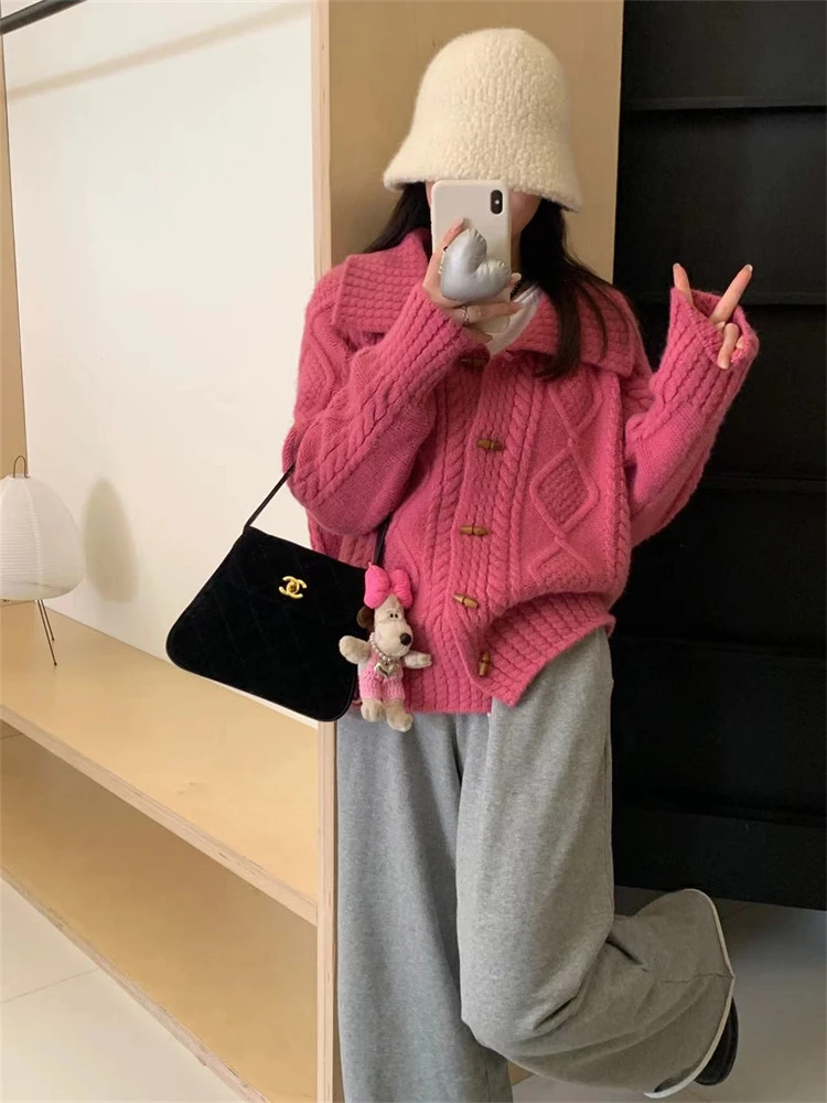 秋冬复古牛角扣麻花毛衣外套女慵懒风polo领针织开衫高级感上衣厚