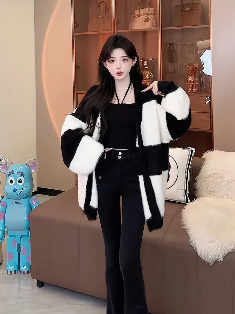 温柔慵懒风针织开衫女秋冬软糯宽松中长款条纹外套奶呼呼百搭毛衣