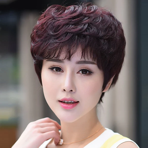 中老年假发套女短卷发全头逼真整顶头套真人发丝蓬松小卷遮白短发