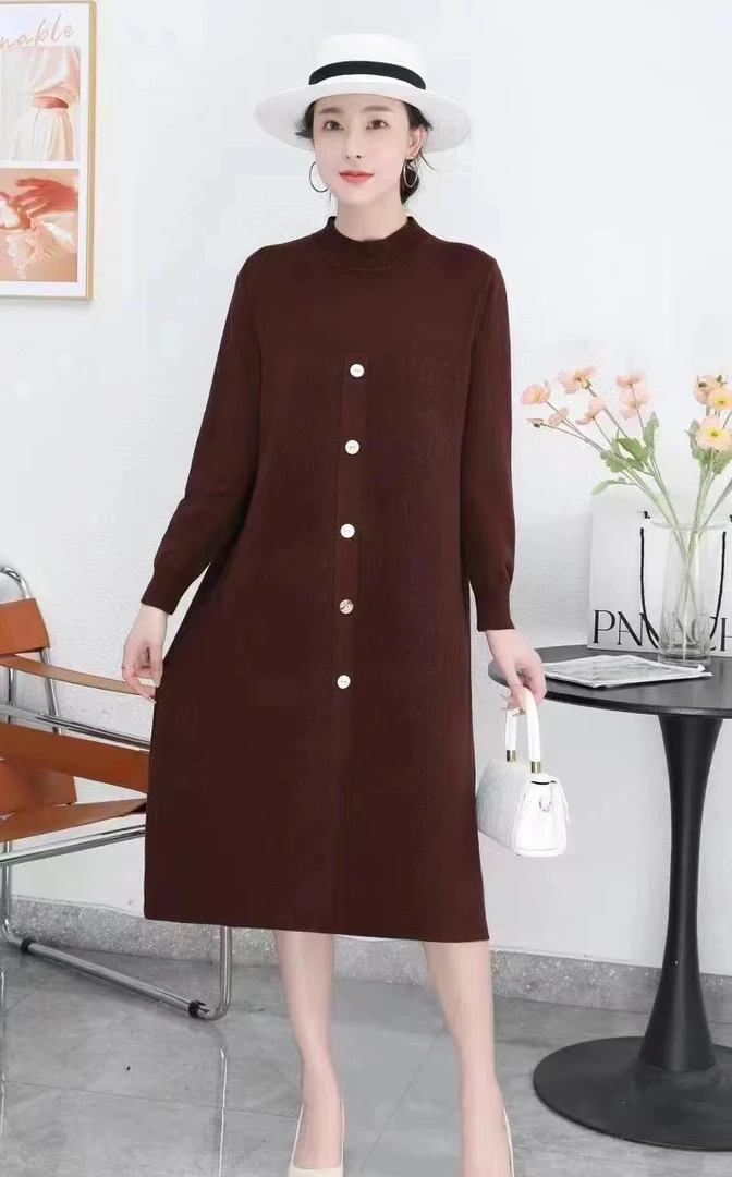 梦熙 秋季新款女装韩版连衣裙宽松百搭气质中长款提花纯色裙 210